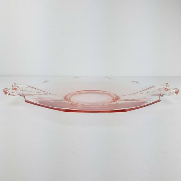 Vintage Depression Era Pink Glass Double Handle Serving Plate Tray - Picture 3 of 12